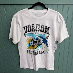 Volcom White Graphic Tee with Blue & Yellow Surf Gator
